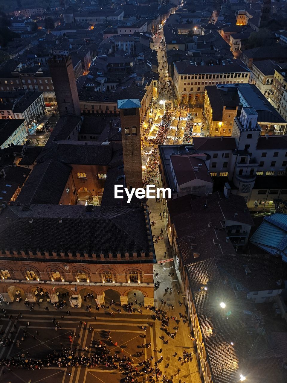 Aerial view of illuminated buildings at night