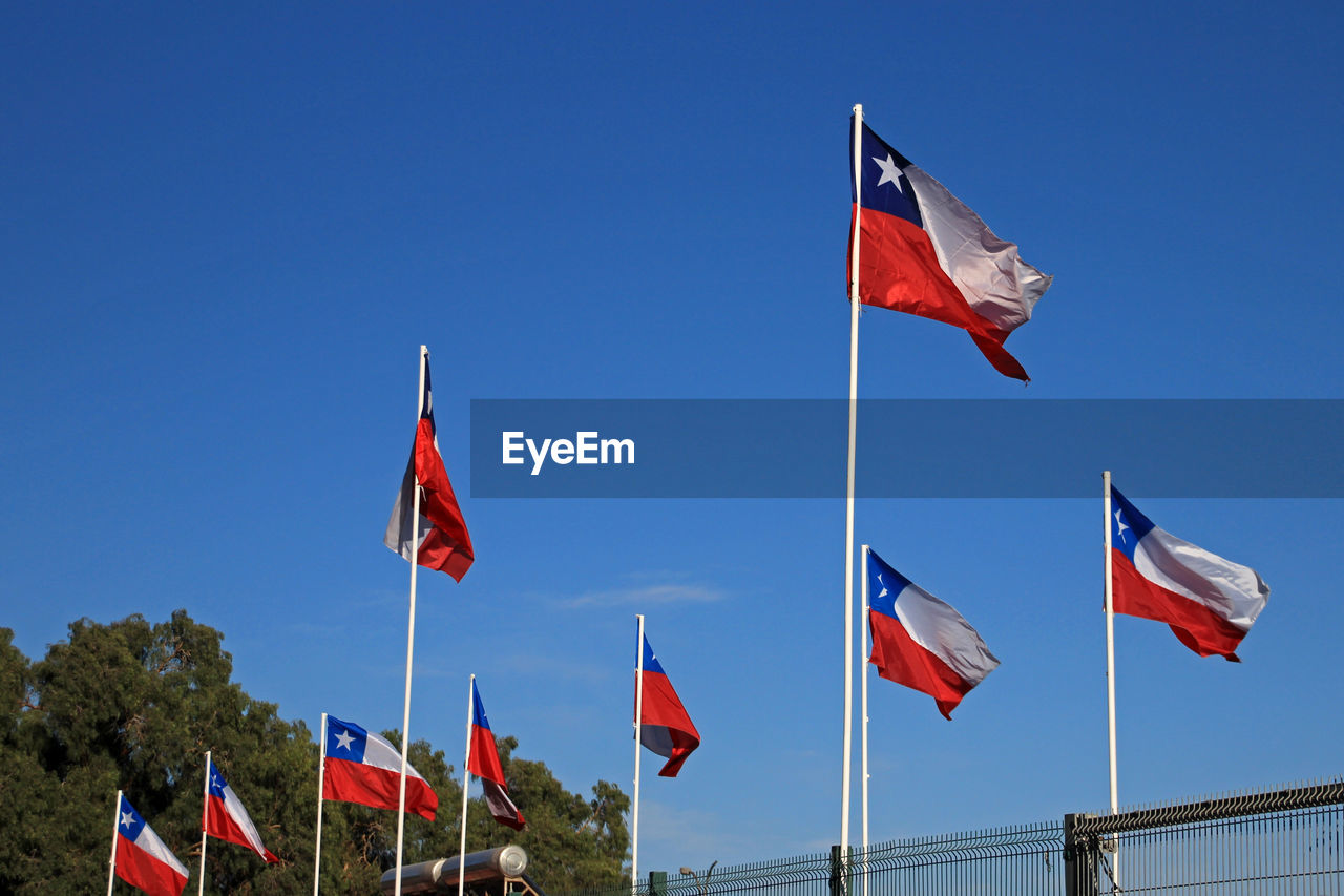 LOW ANGLE VIEW OF FLAG FLAGS AGAINST CLEAR SKY
