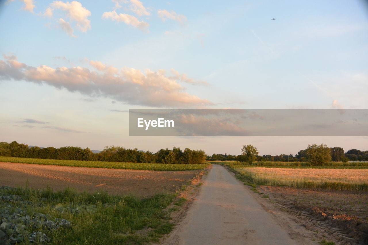 Empty road amidst field against sky