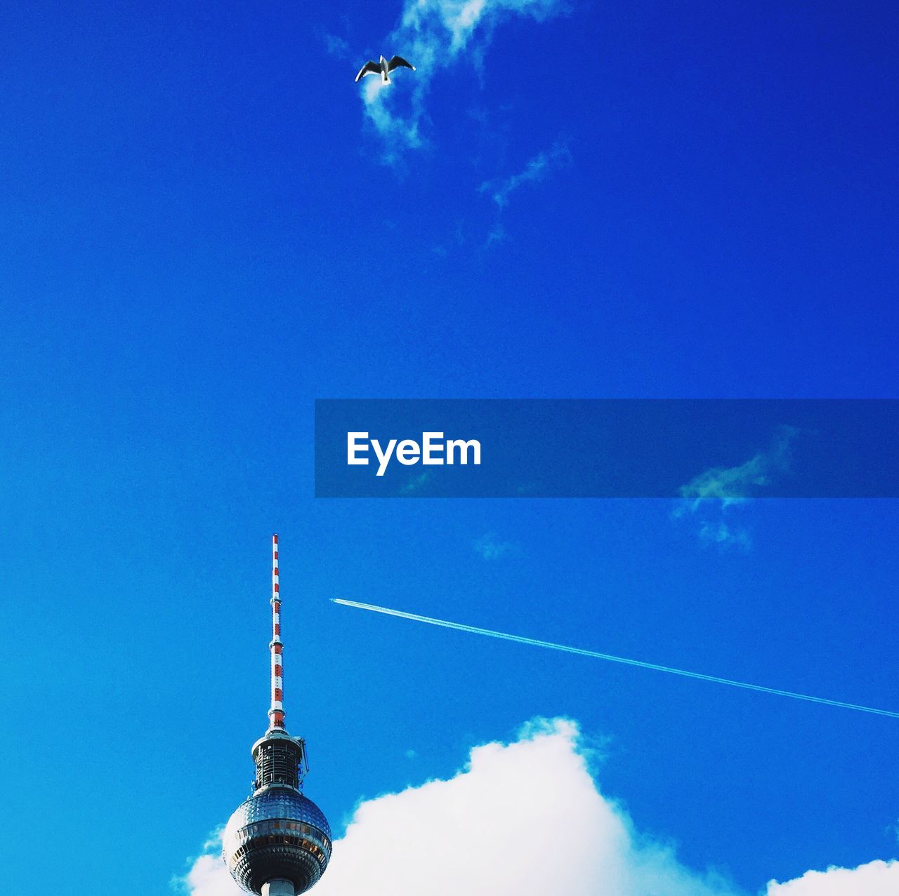 Low angle view of fernsehturm tower and vapor trail against blue sky