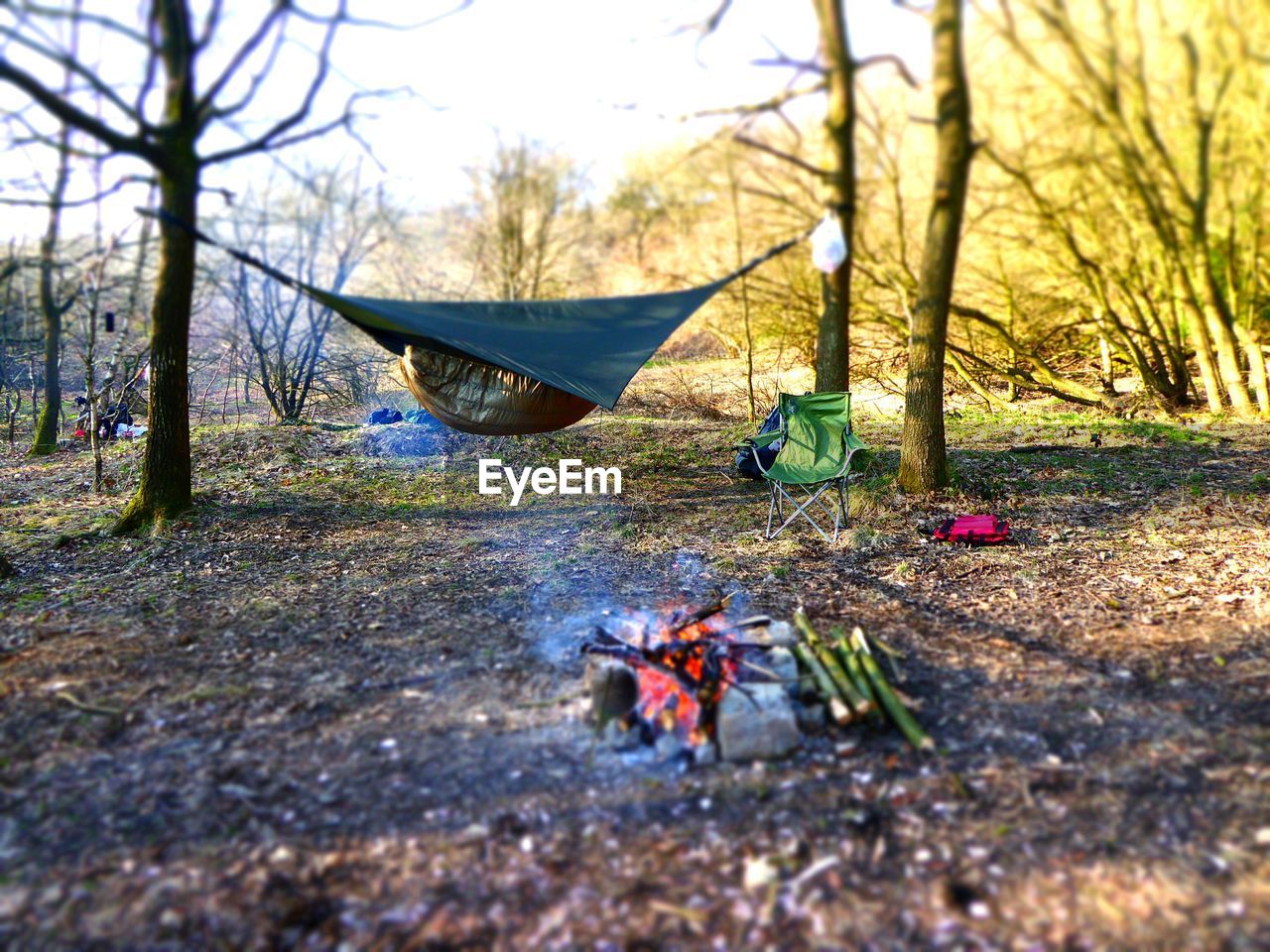 Campfire in front of hammock and folding chair by trees on field