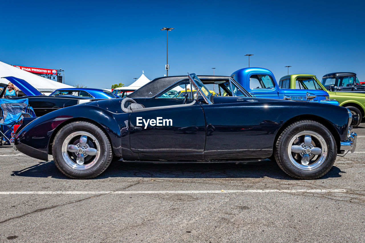 car, mode of transportation, transportation, vehicle, land vehicle, motor vehicle, blue, automobile, clear sky, sky, road, retro styled, wheel, day, no people, city, street, vintage car, nature, sports car, copy space, outdoors