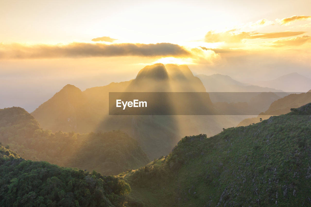 SCENIC VIEW OF MOUNTAINS DURING SUNSET