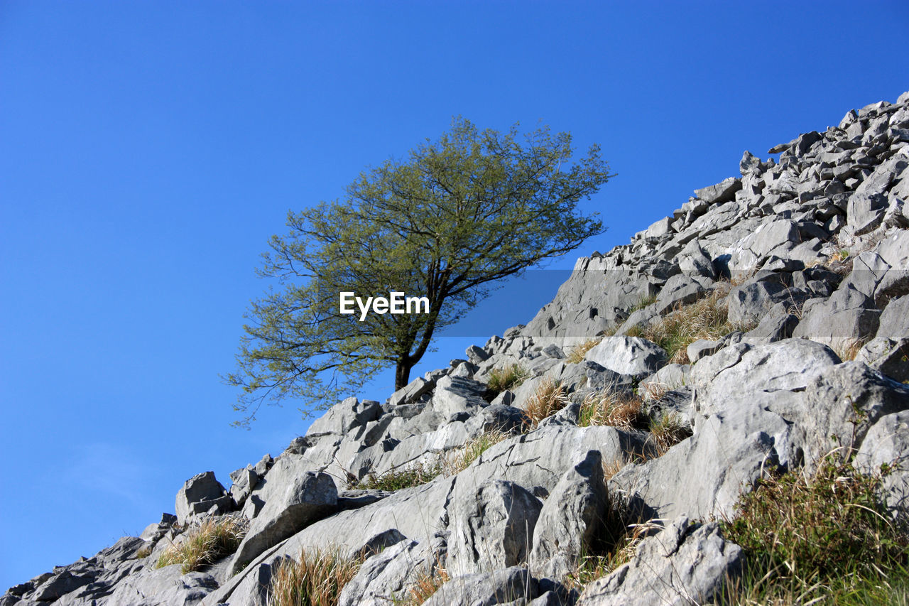 LOW ANGLE VIEW OF ROCK FORMATIONS AGAINST CLEAR BLUE SKY