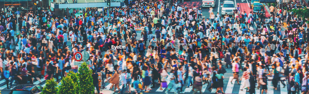 High angle view of crowd on street in city