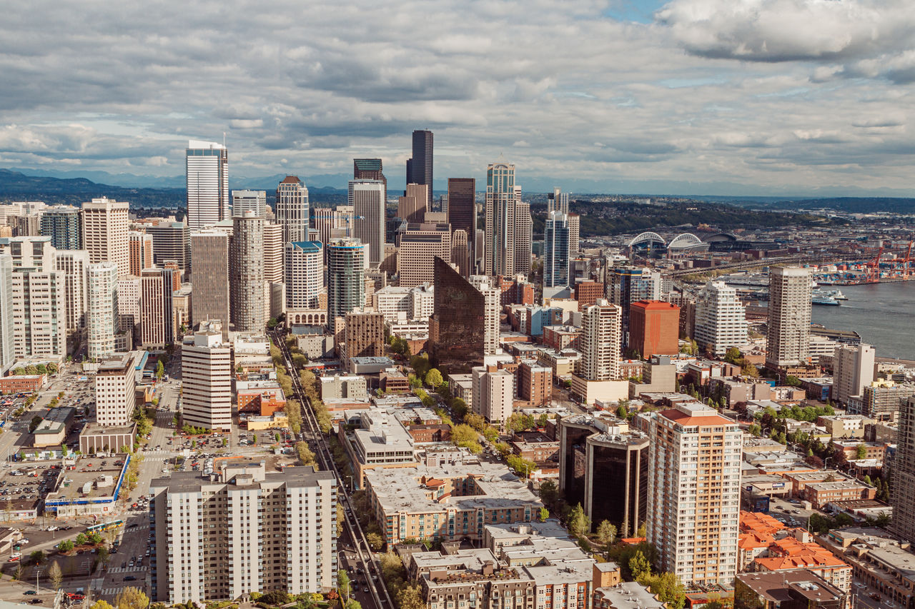 High angle  view of seattle downtown with clouds and blue sky