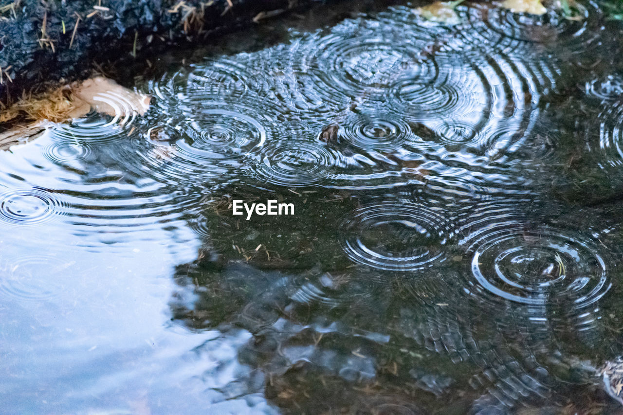 HIGH ANGLE VIEW OF RAINDROPS ON RIPPLED LAKE