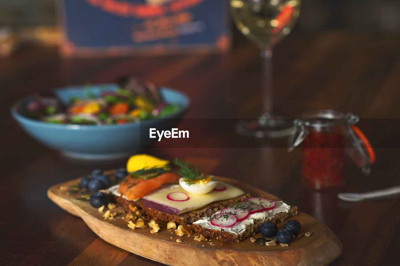 Close-up of food served on table