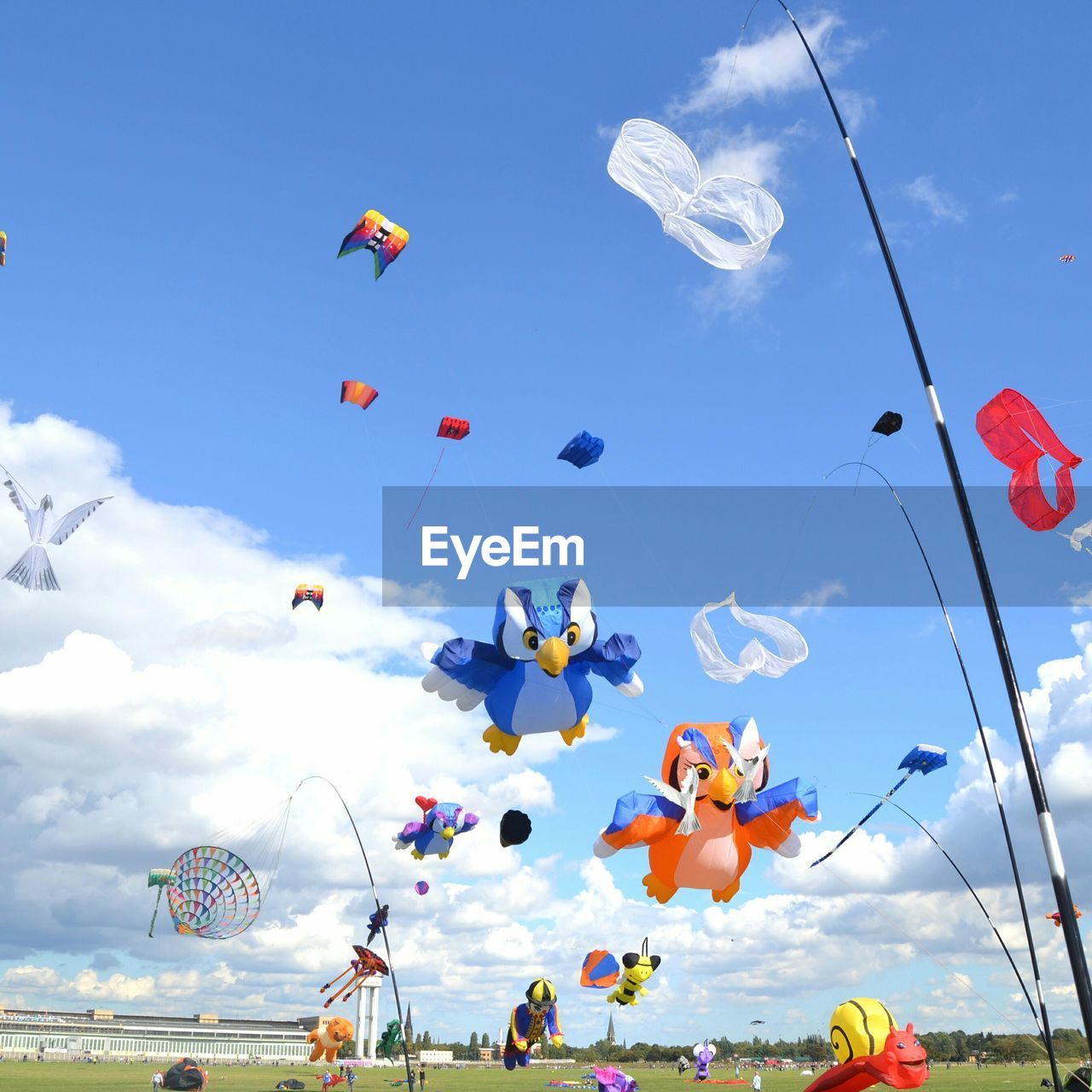 Low angle view of colorful animal shaped kites flying against sky