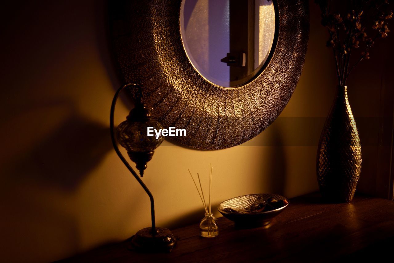 Close-up of objects on table at home