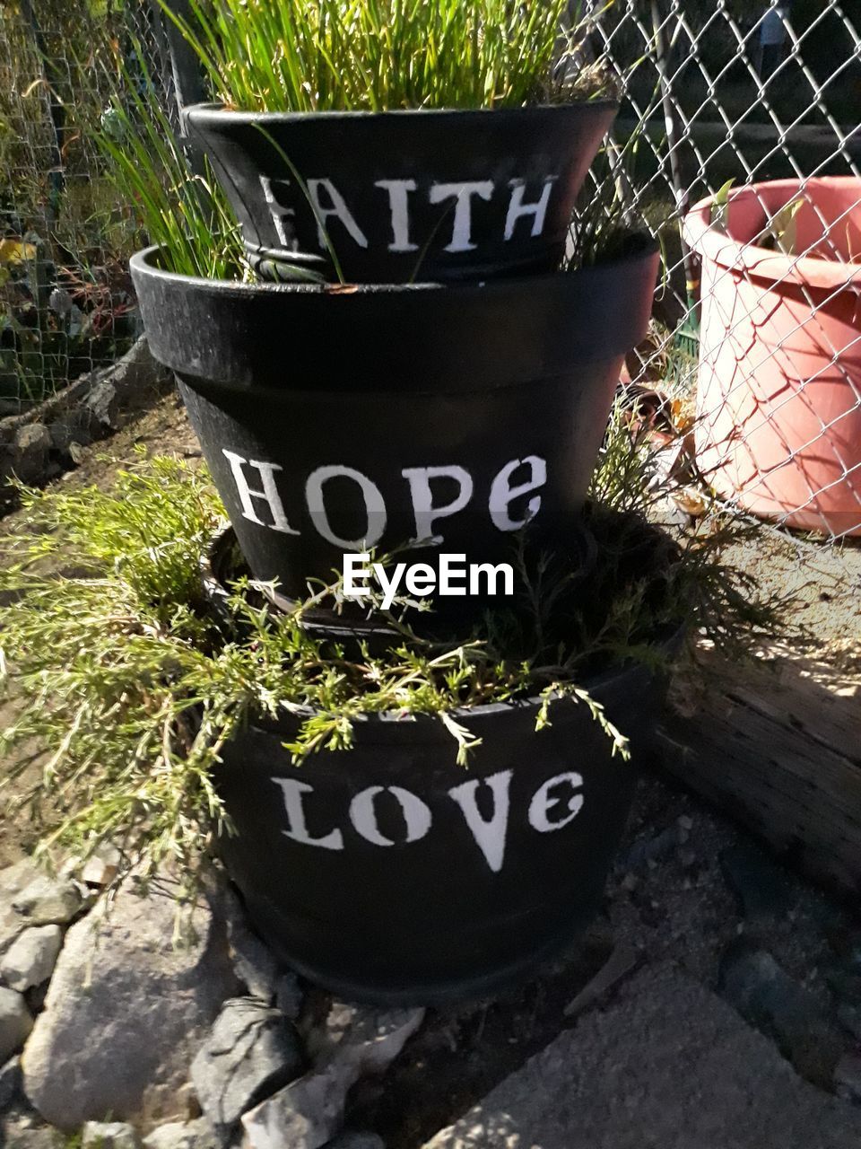 HIGH ANGLE VIEW OF TEXT ON POTTED PLANT