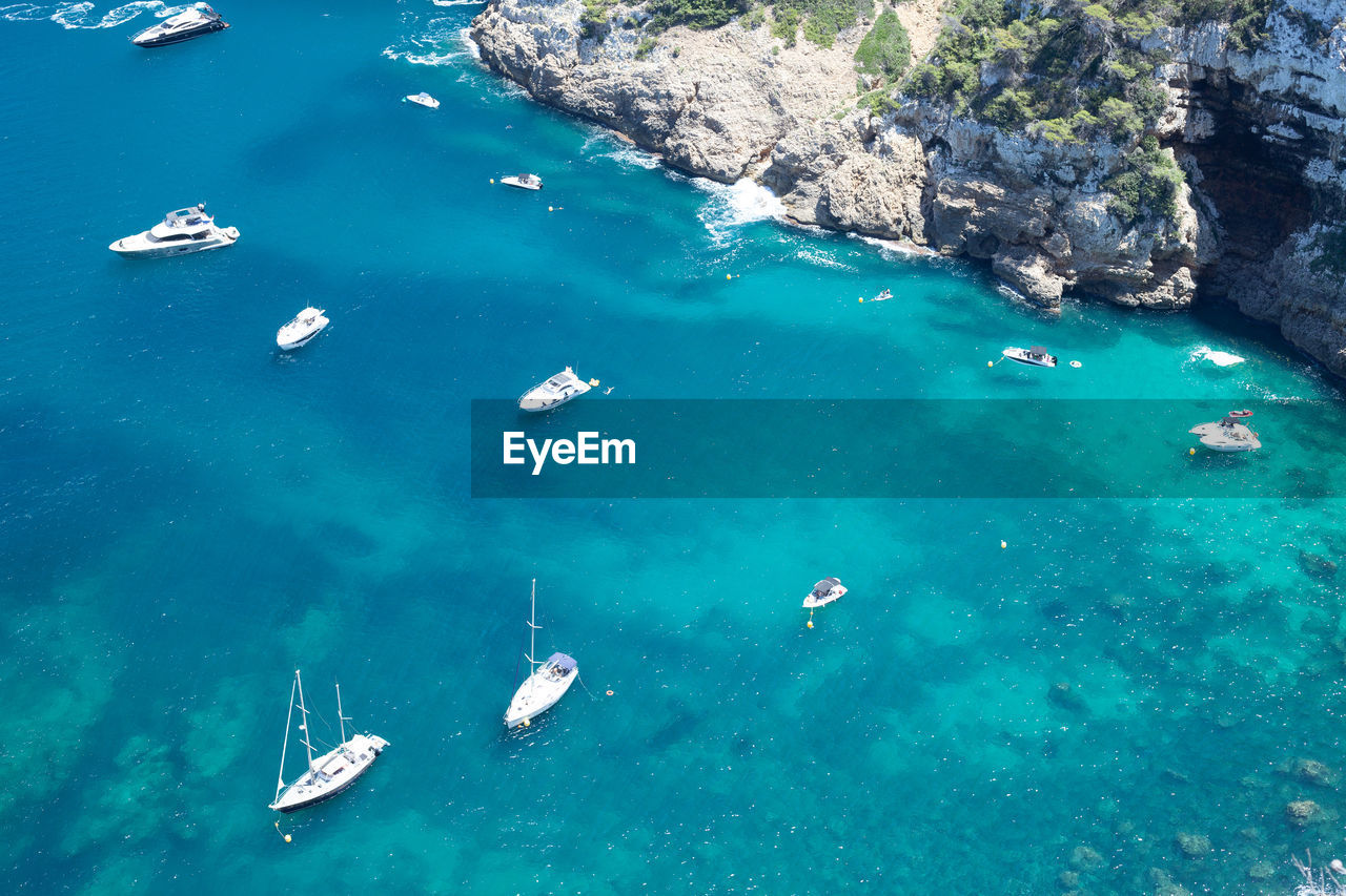 High angle view of boats in sea