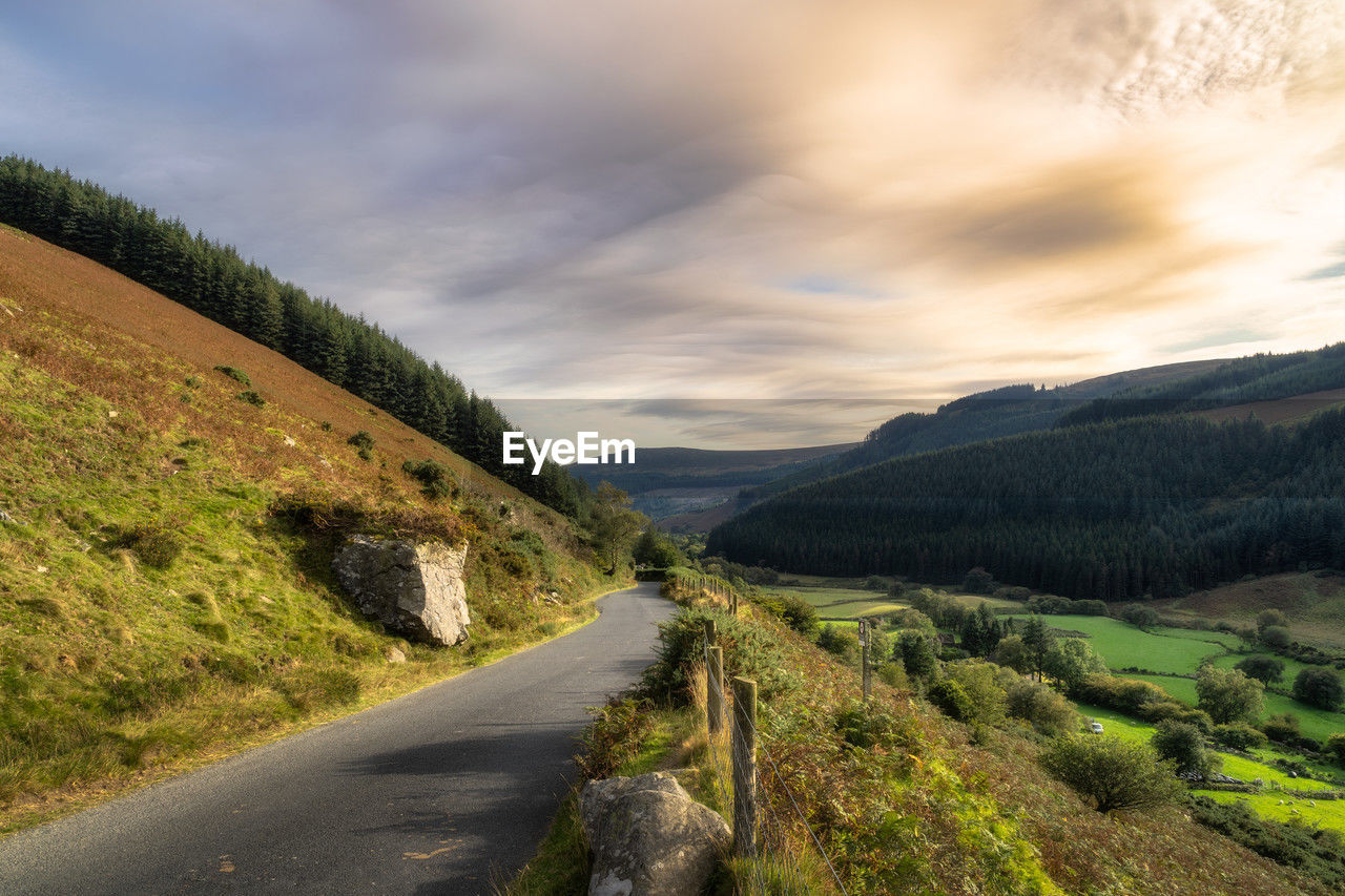 Winding road leading through mountain valley with forest and farms on the sides in wicklow mountains