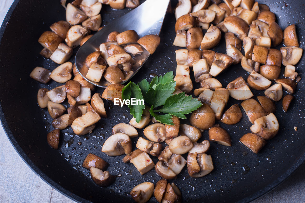 High angle view of food in cooking pan on table