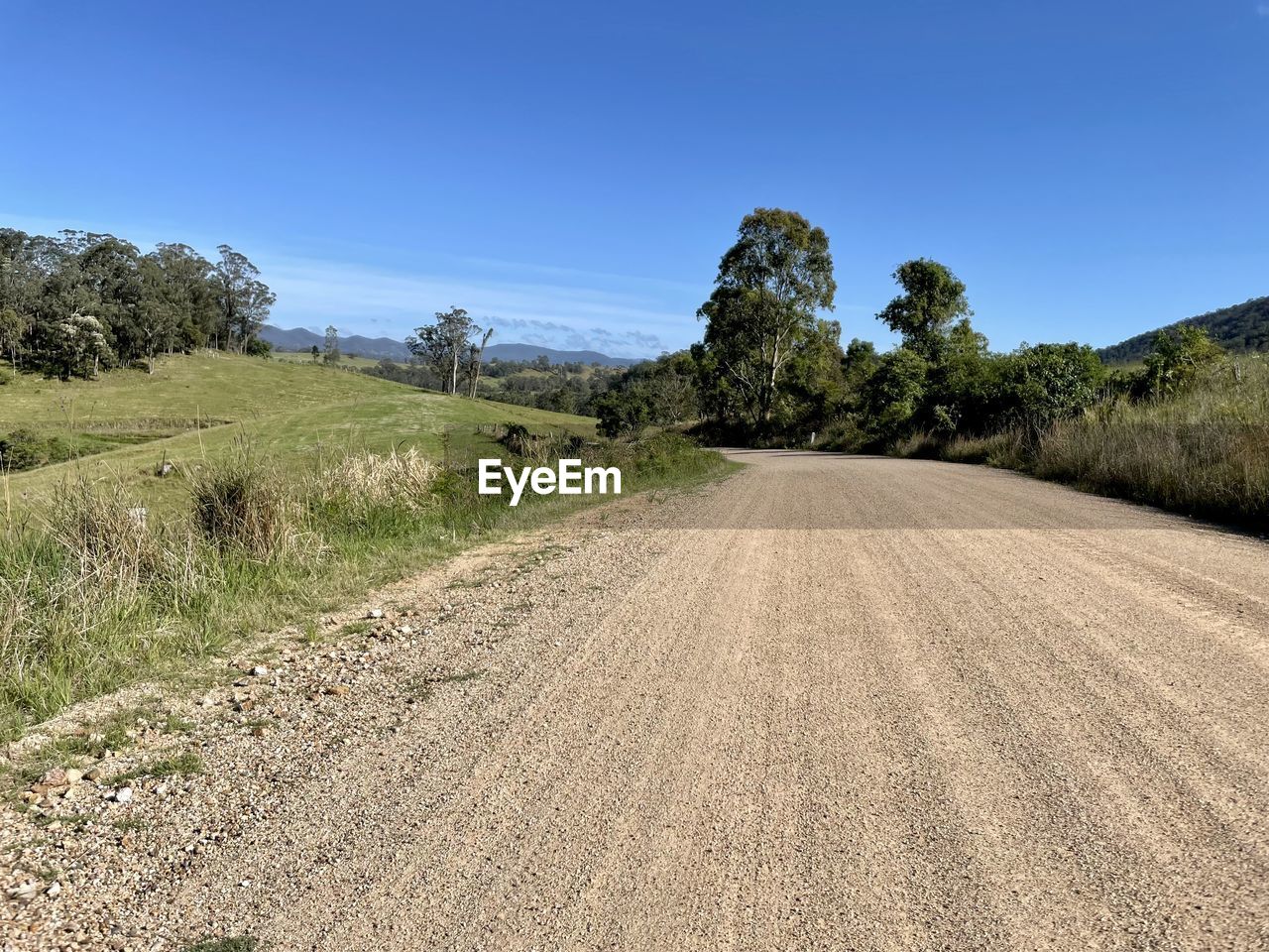 sky, landscape, plant, road, environment, land, nature, tree, dirt road, scenics - nature, the way forward, soil, hill, field, transportation, blue, no people, clear sky, natural environment, rural area, beauty in nature, dirt, diminishing perspective, grass, non-urban scene, tranquility, travel, rural scene, prairie, outdoors, infrastructure, tranquil scene, sunny, day, vanishing point, travel destinations, grassland, sunlight, footpath, remote, plateau, cloud