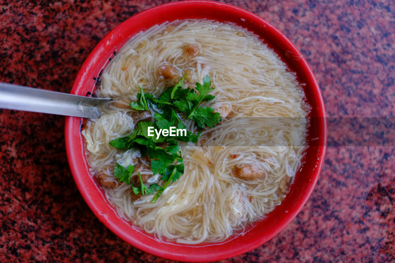 High angle view of soup in bowl