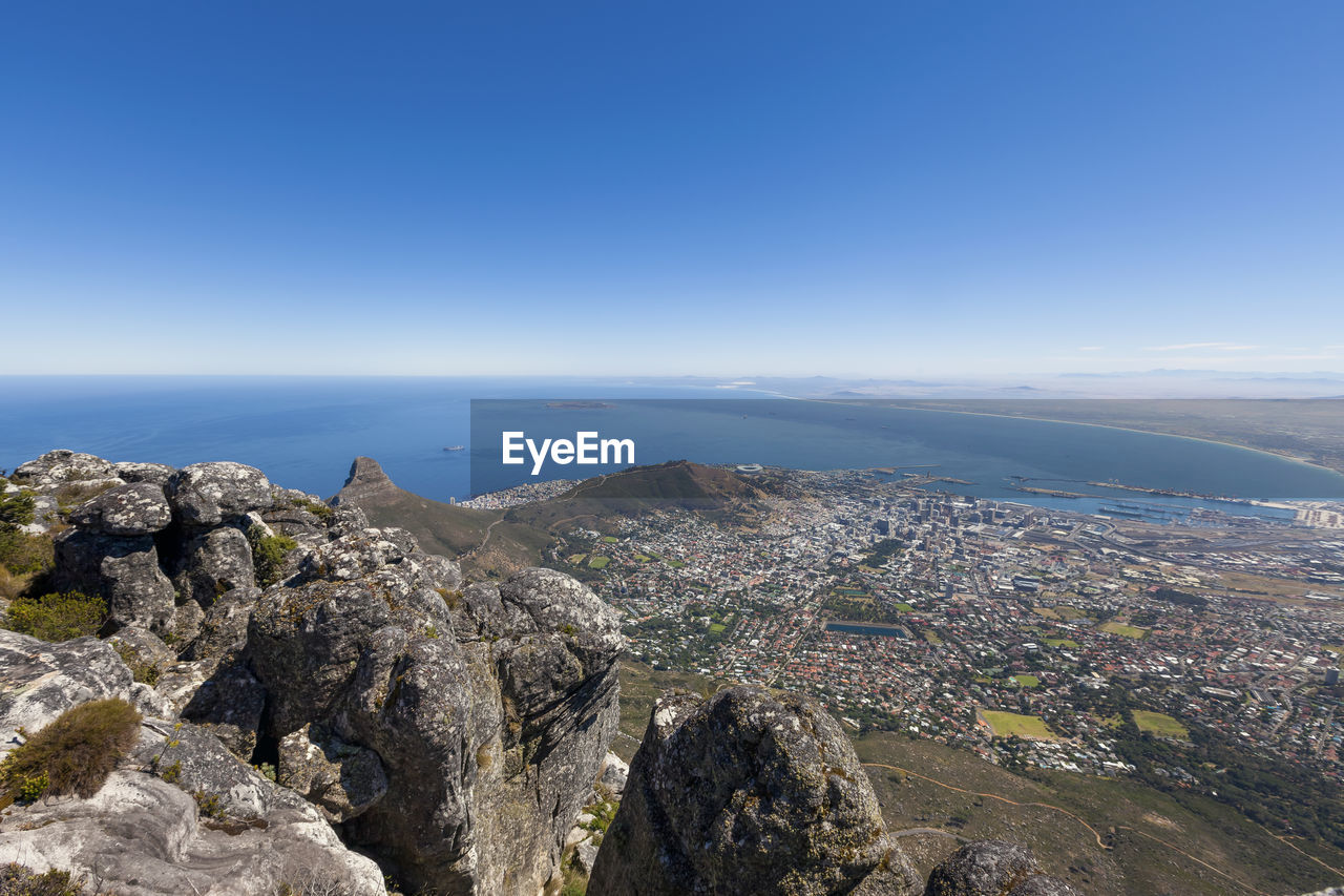 Scenic view of sea against clear blue sky