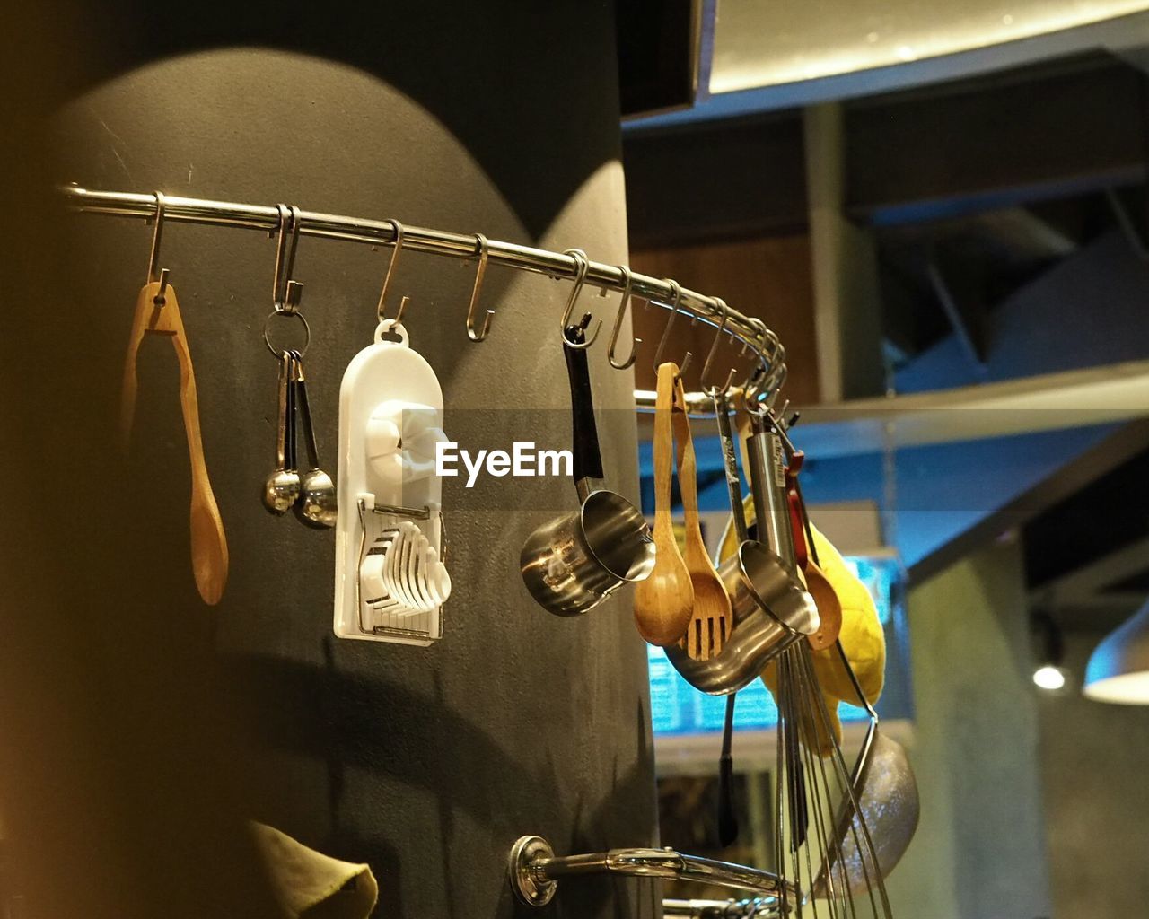 hanging, no people, indoors, metal, close-up, illuminated, day