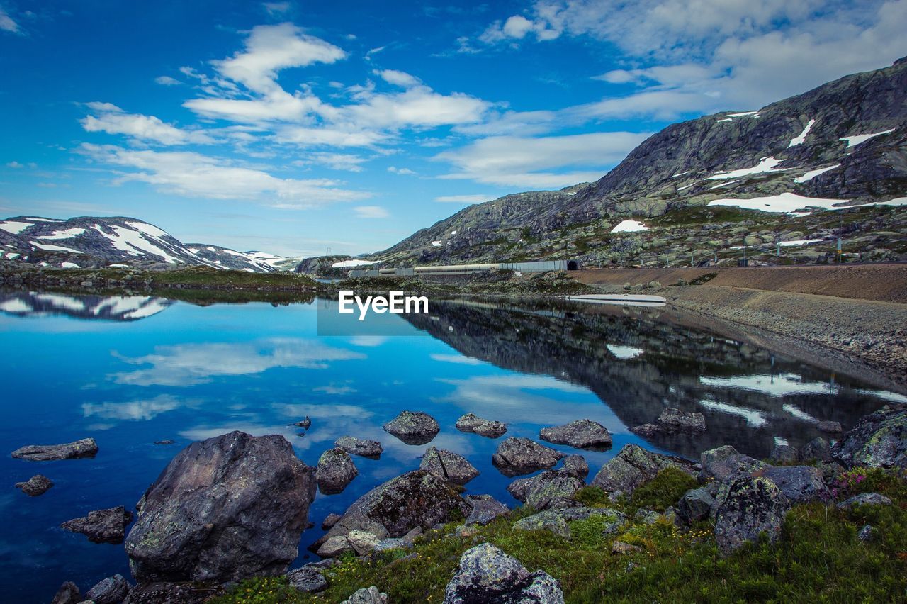 Scenic view of lake and mountains against sky