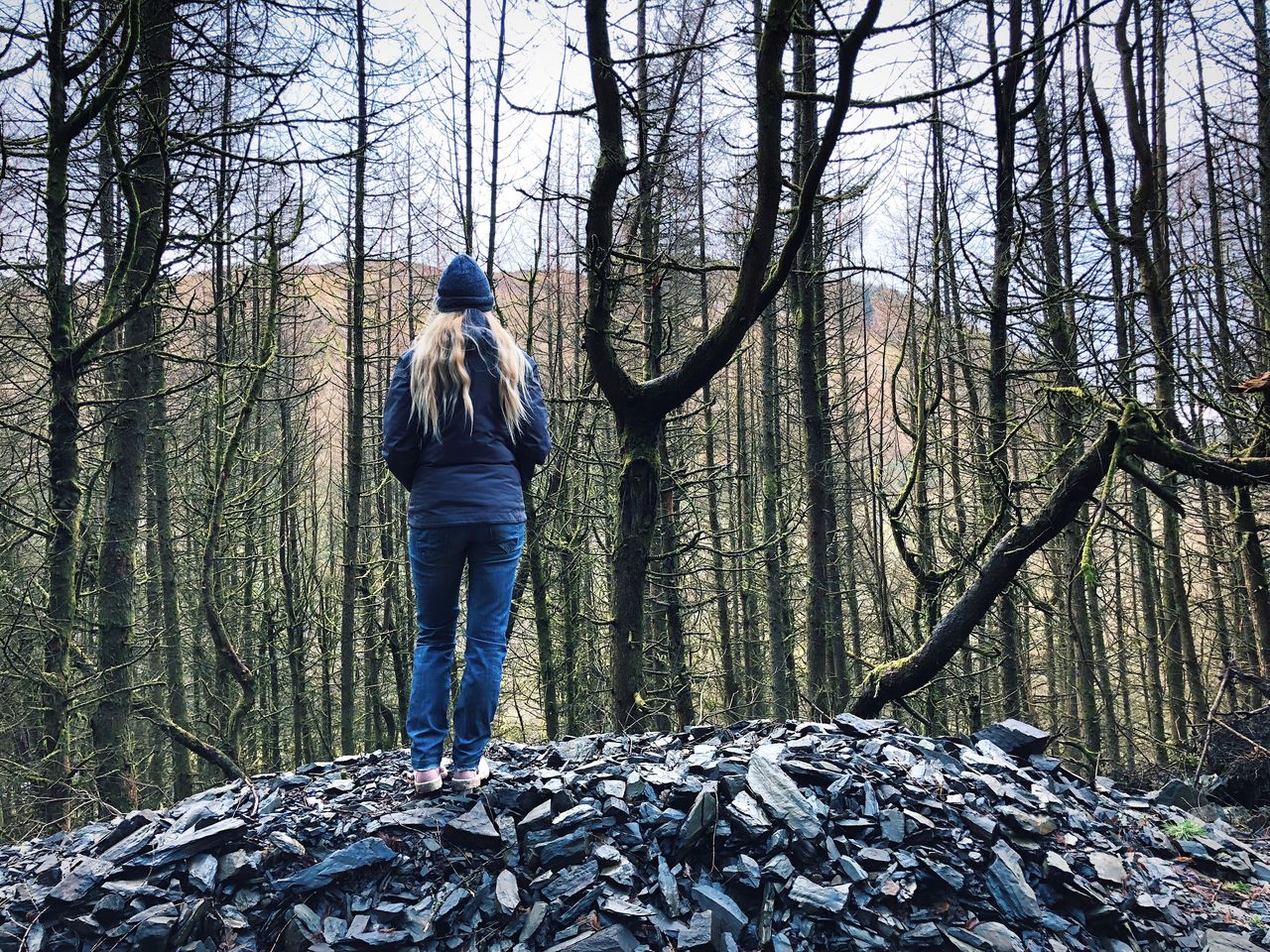 REAR VIEW OF MAN STANDING ON LAND IN FOREST