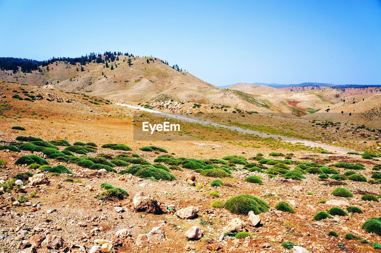 Scenic view of rocky mountains against clear blue sky