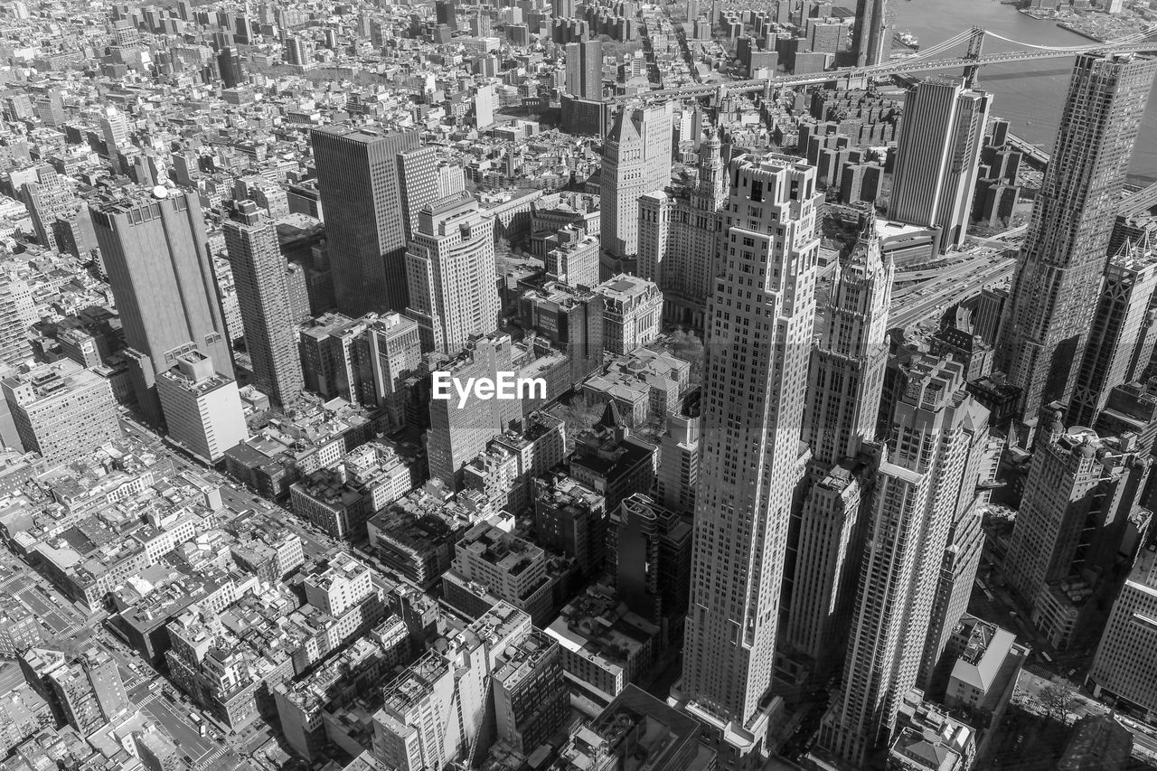 High angle view of modern buildings in city