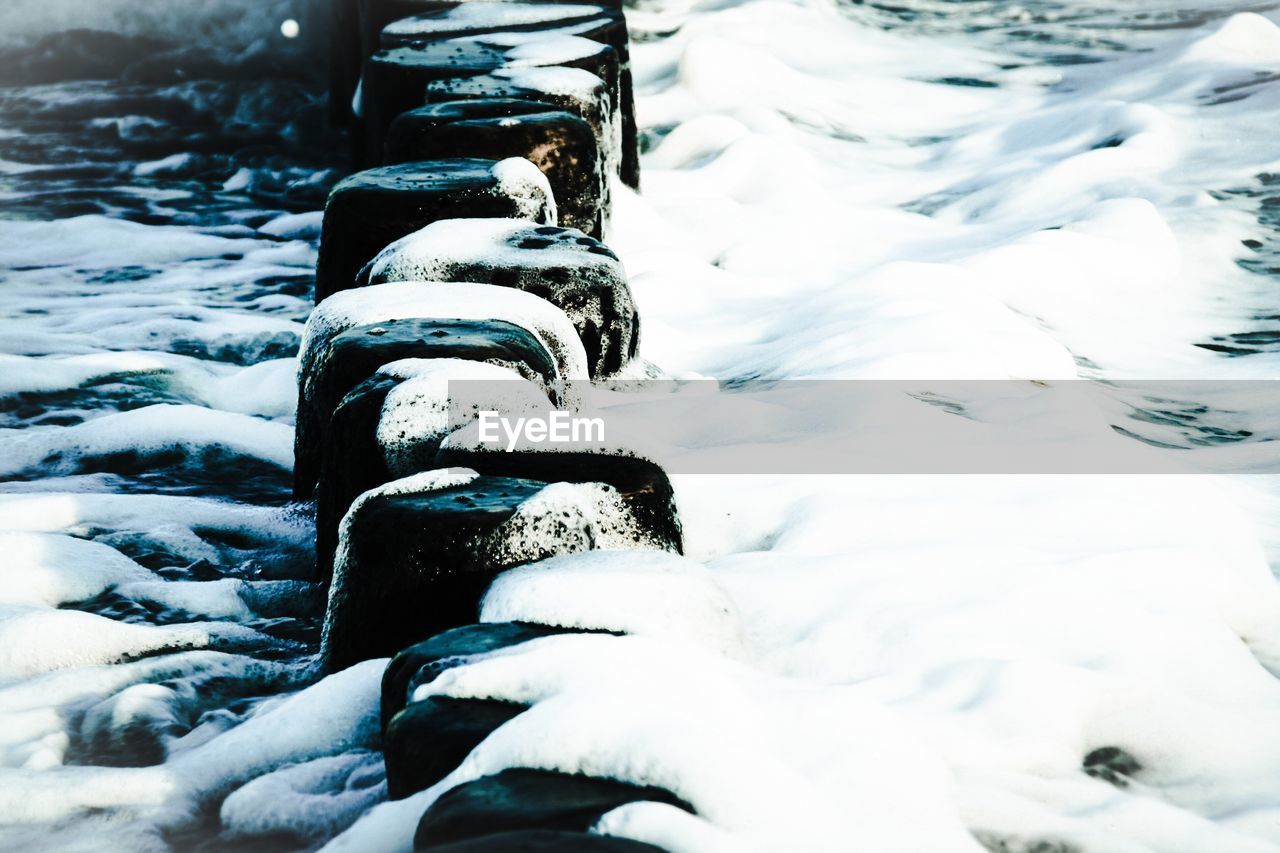 CLOSE-UP OF SNOW ON SHORE