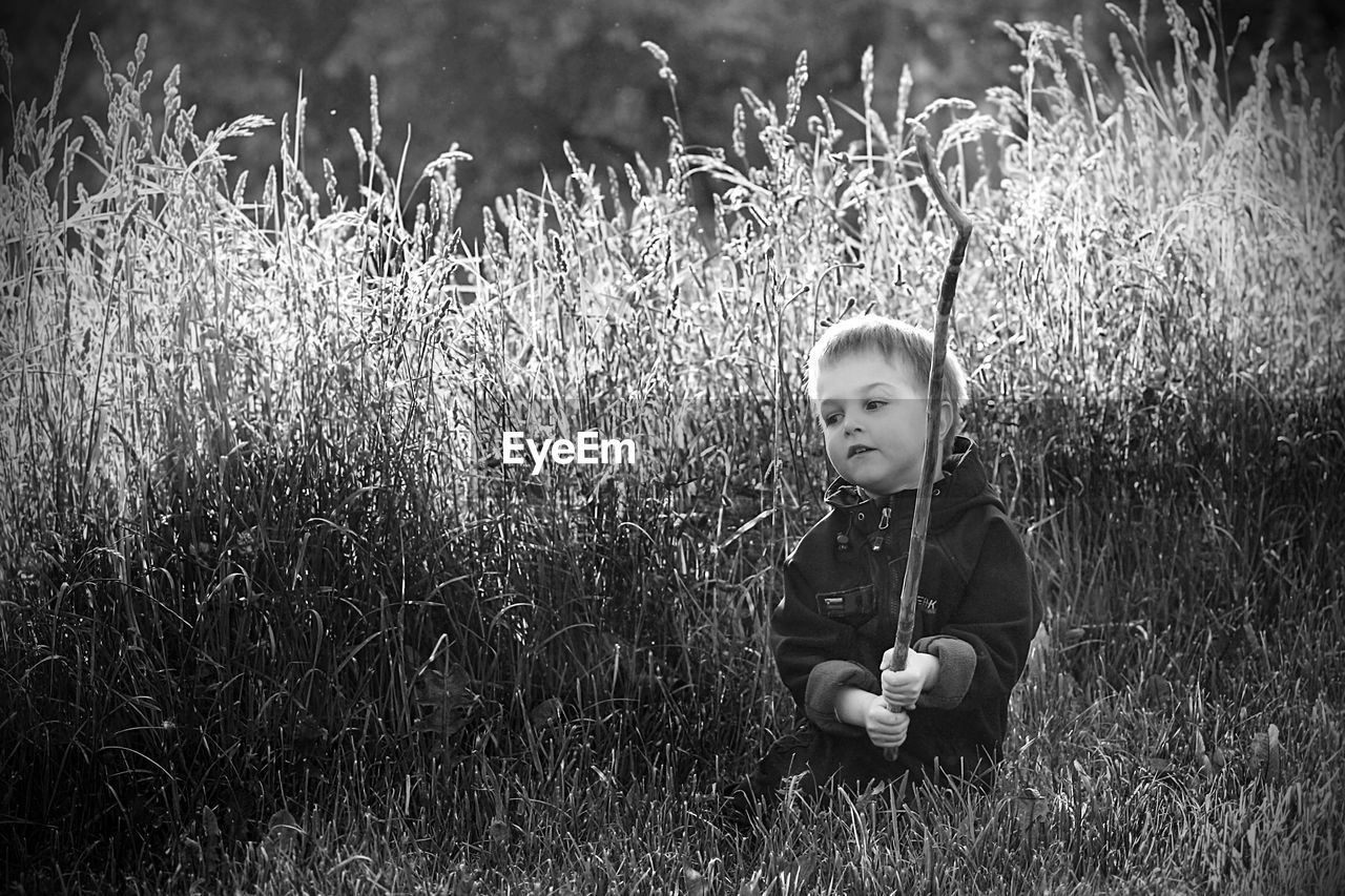 Boy holding stick on grassy field