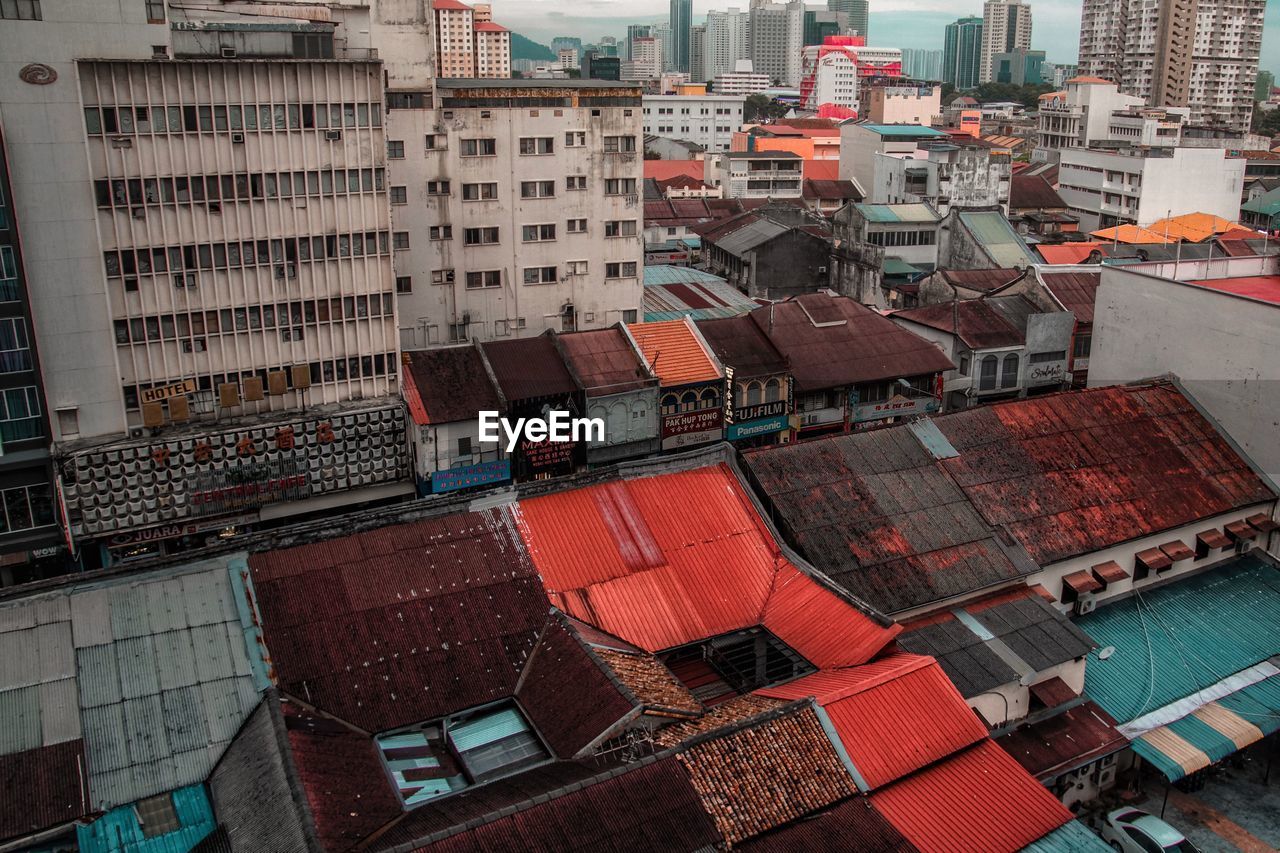 High angle view of buildings in city