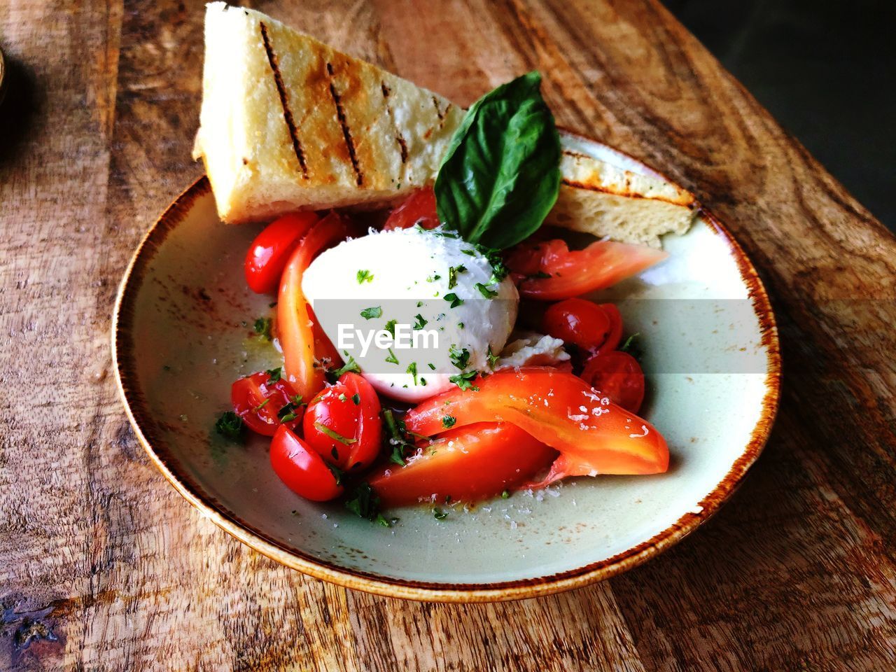 High angle view of food served in plate on table