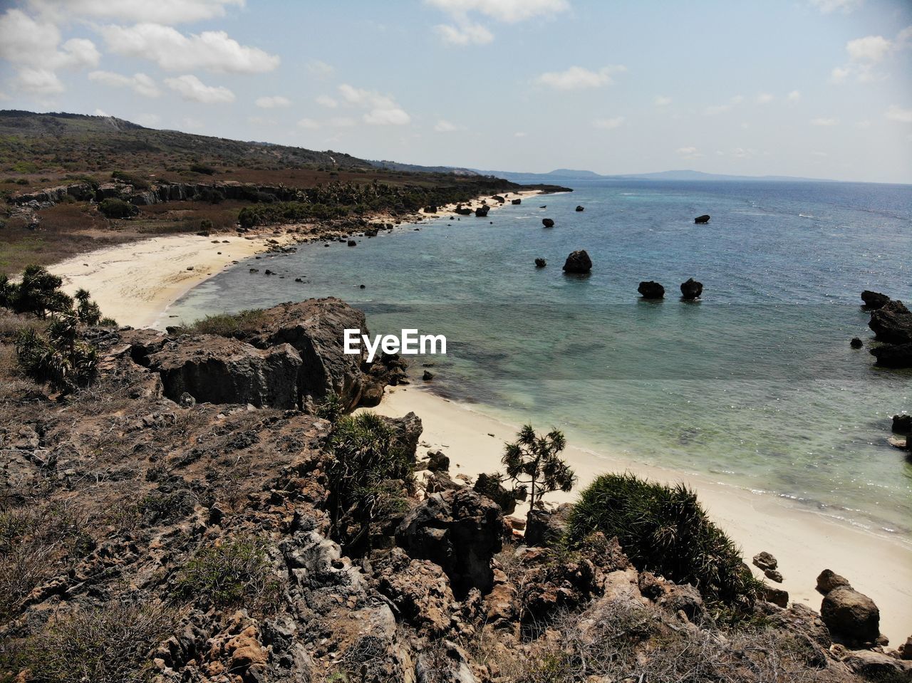 SCENIC VIEW OF SEA SHORE AGAINST SKY