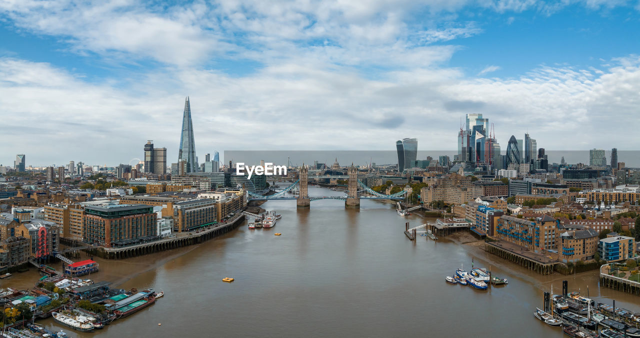 Aerial view of the tower bridge, central london, from the south bank of the thames.