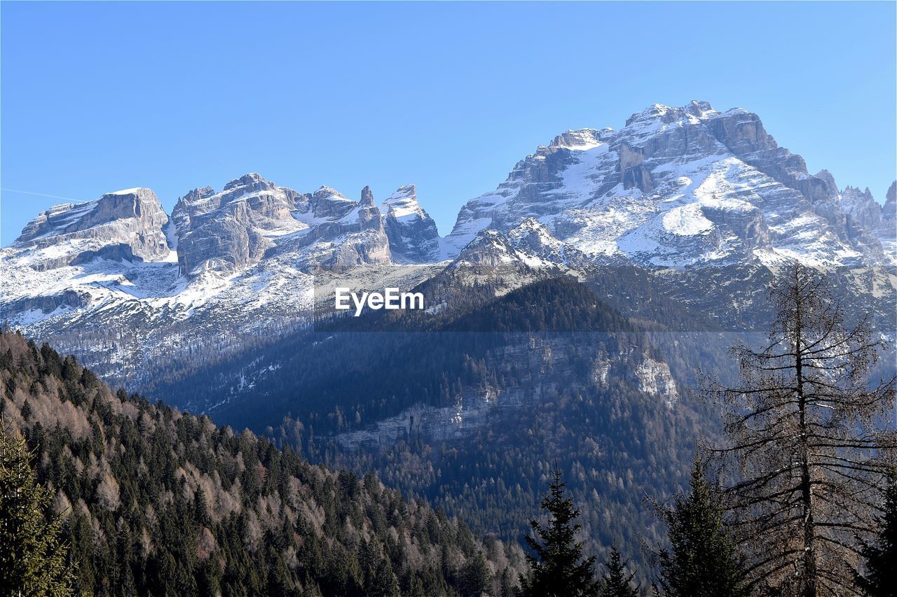 Scenic view of snow covered mountains against clear sky