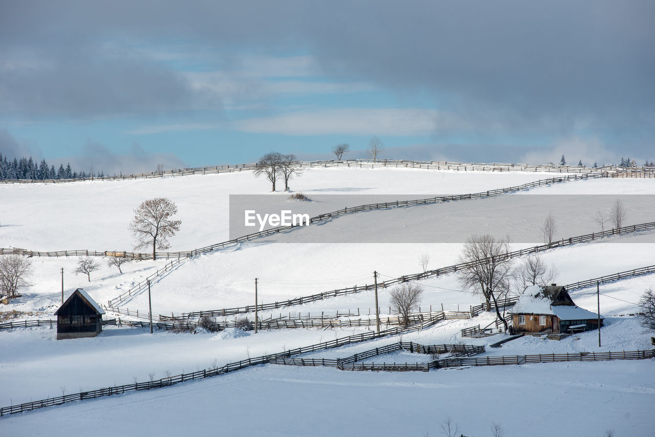 Snow covered field against sky