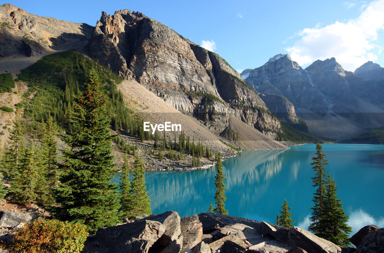 Scenic view of lake and mountains against sky,canada