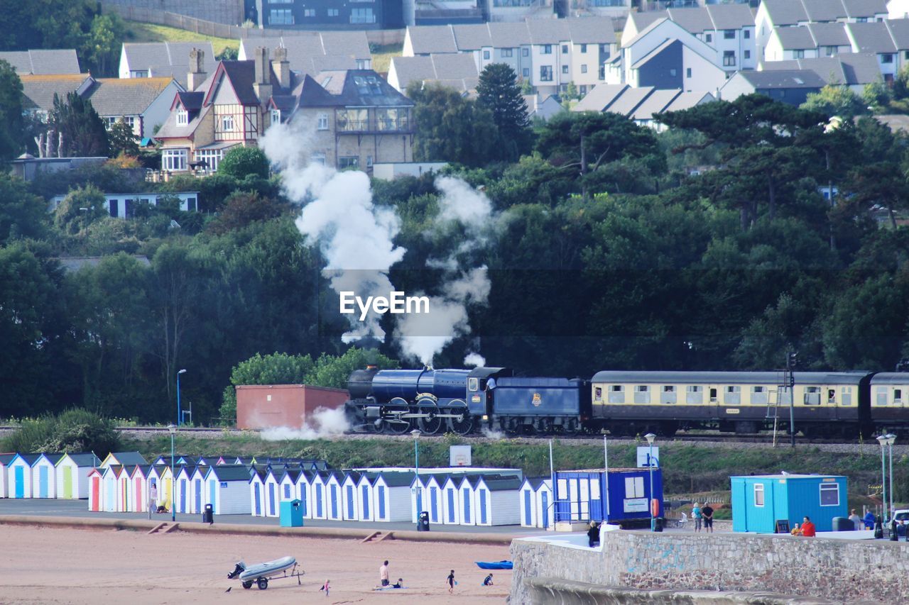 High angle view of train in city