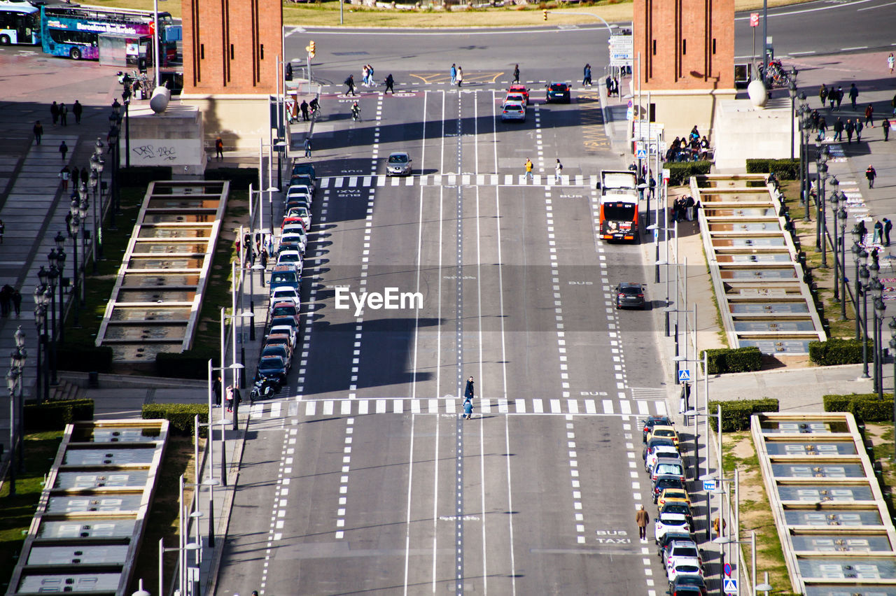 High angle view of traffic on city street, barcelona 