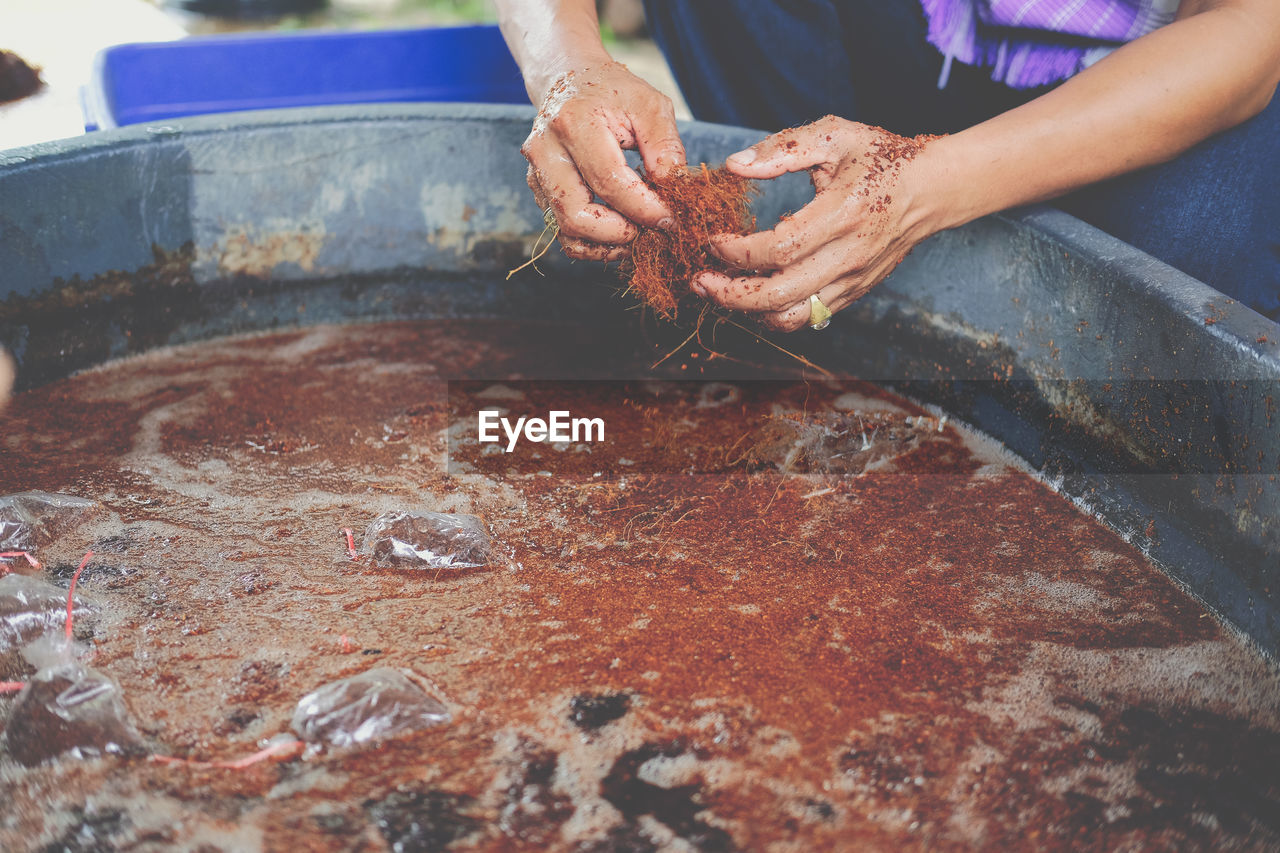 High angle view of person preparing food