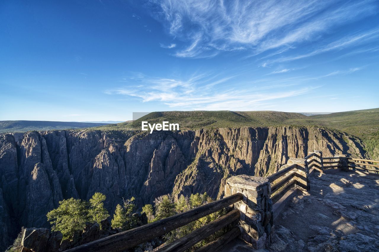 Panoramic view of canyon landscape against blue sky