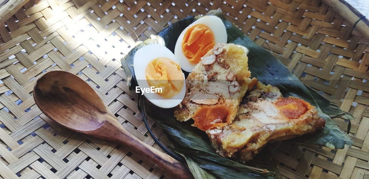 High angle view of breakfast on table