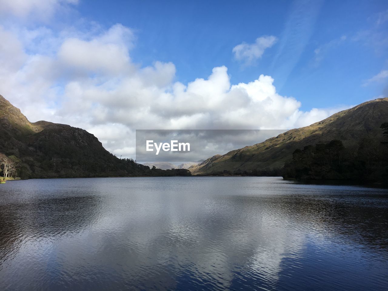 Scenic view of lake by mountains against sky