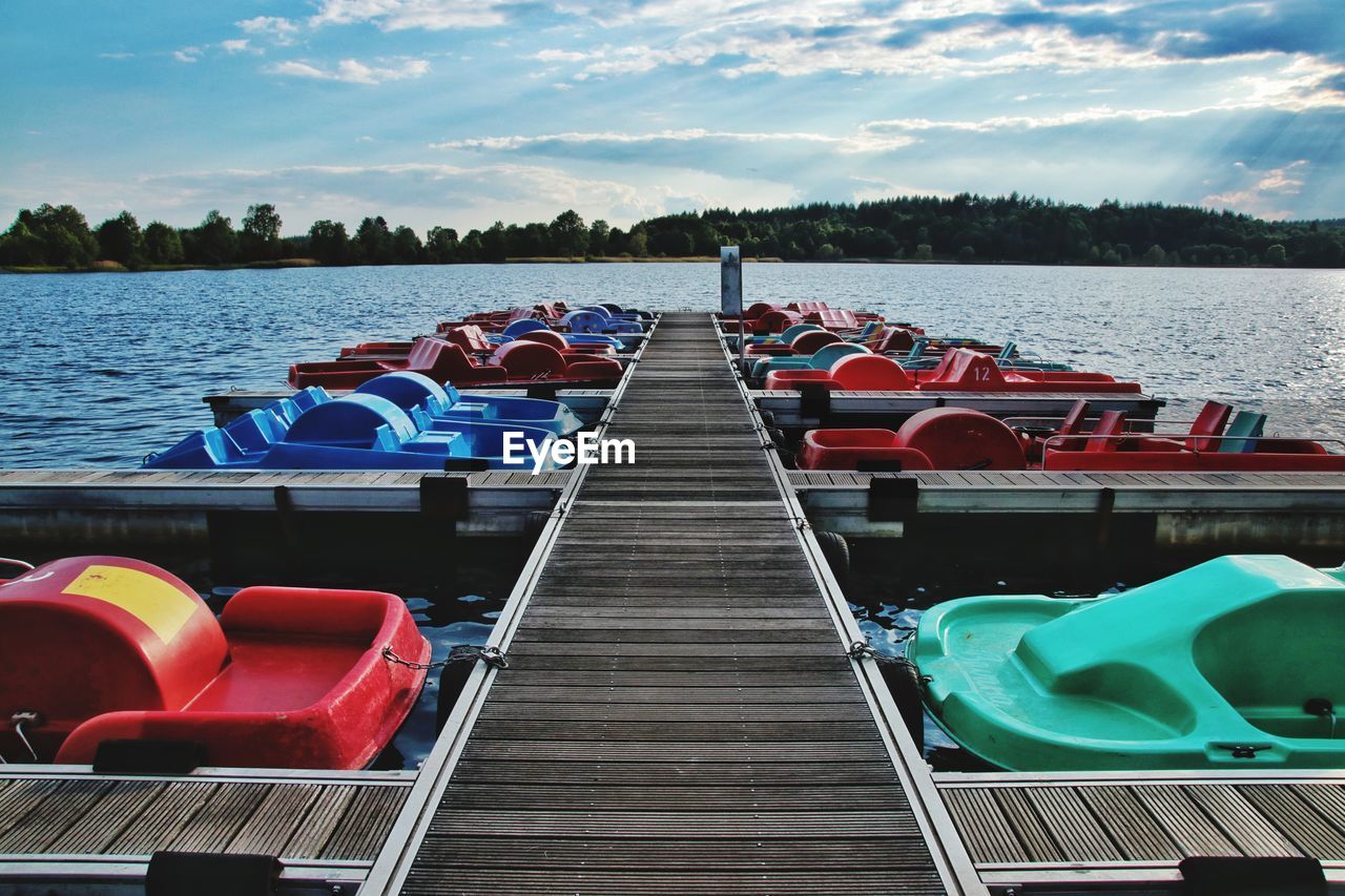 VIEW OF BOATS MOORED IN LAKE