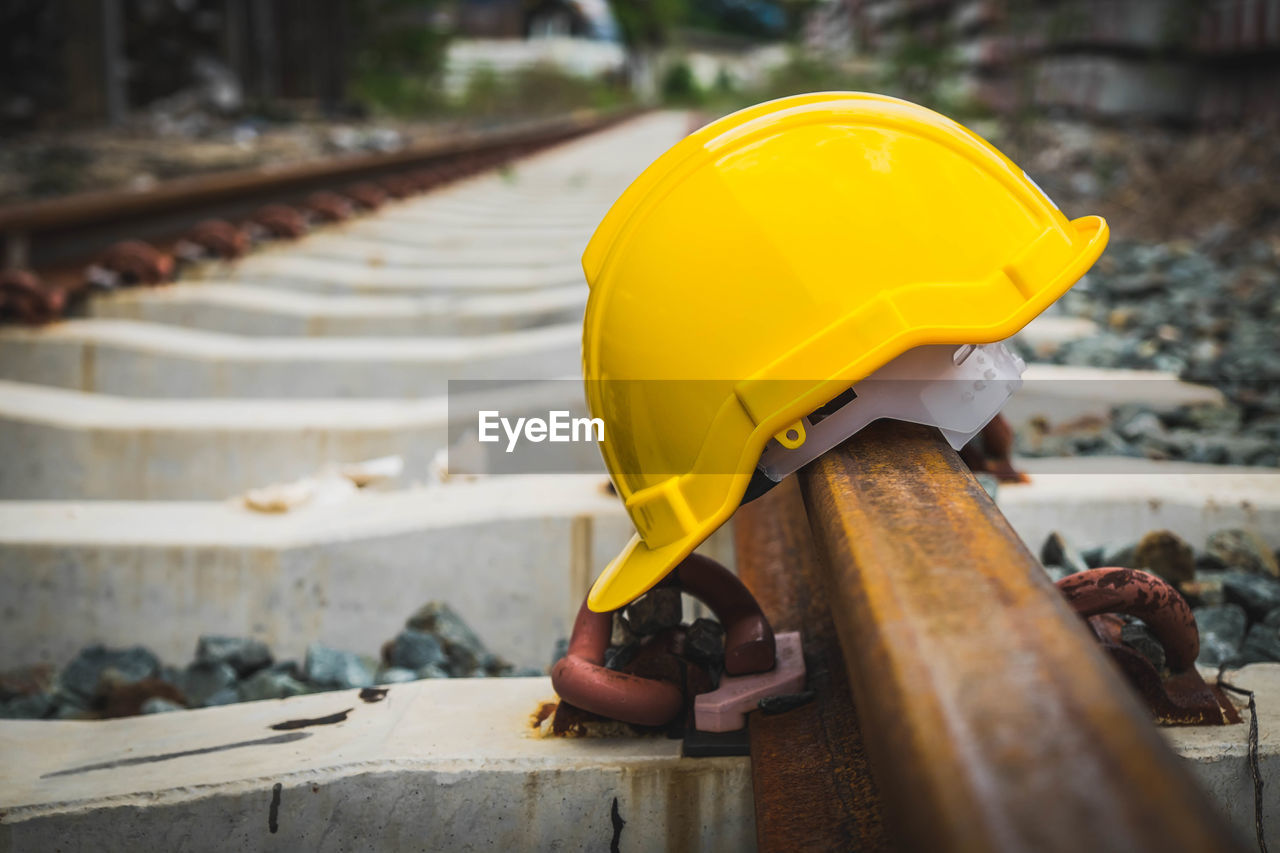 Hardhat on railroad tracks