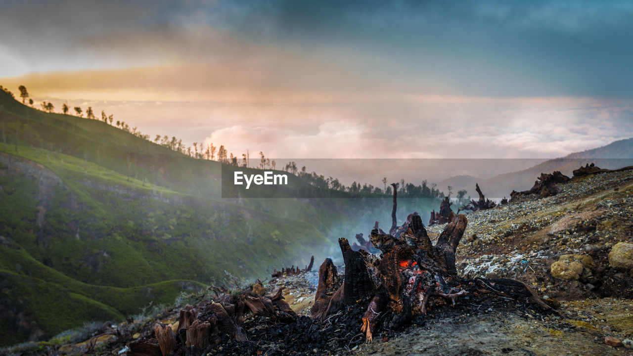 View of kawah ijen mountain and lake in indonesia