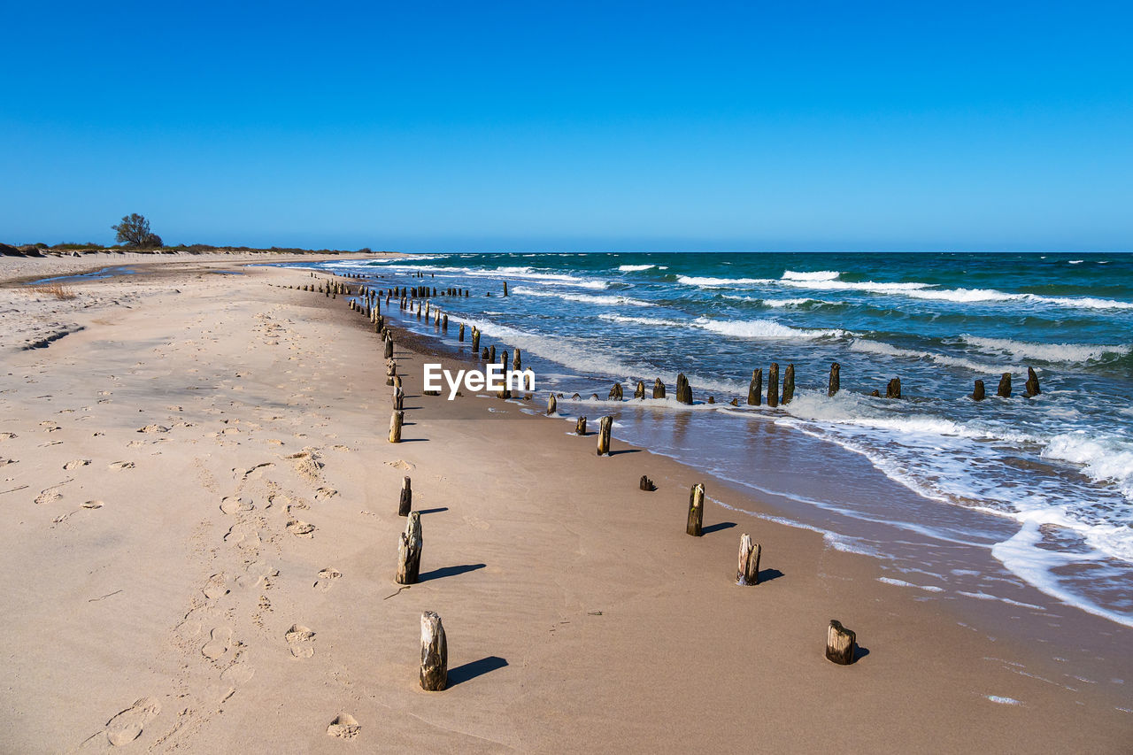 PANORAMIC SHOT OF BEACH AGAINST CLEAR BLUE SKY