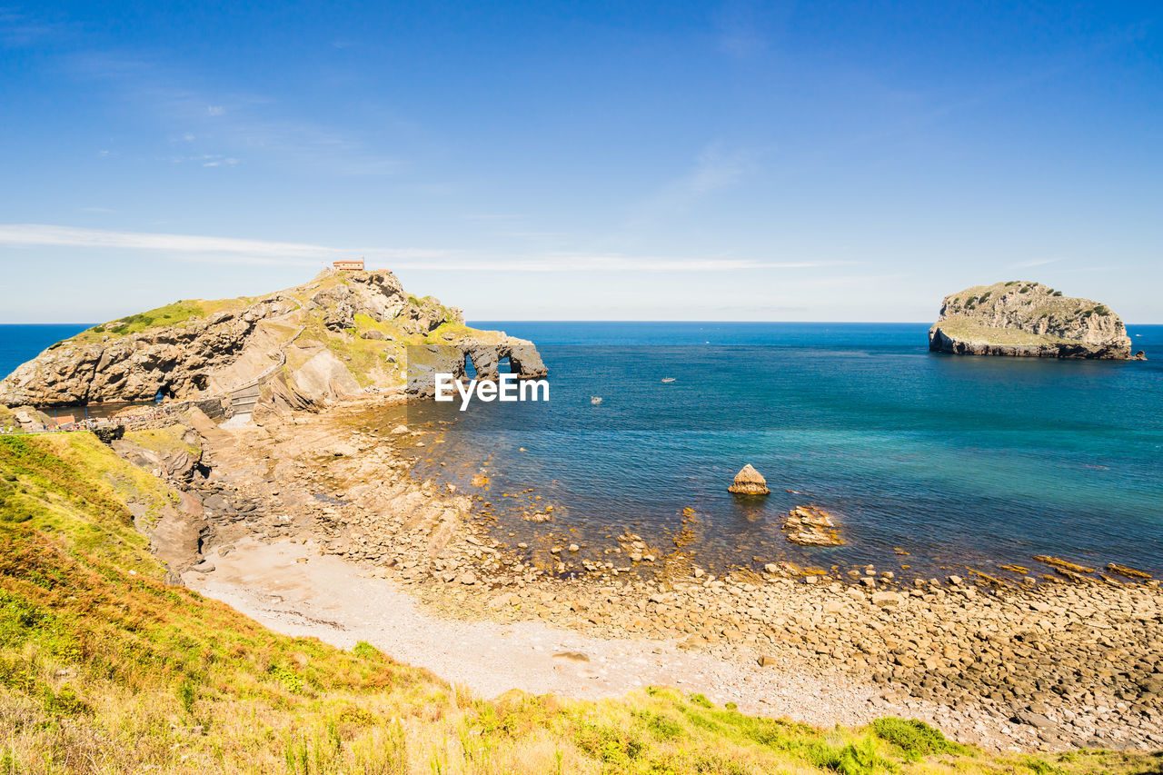 ROCK FORMATION ON BEACH AGAINST SKY
