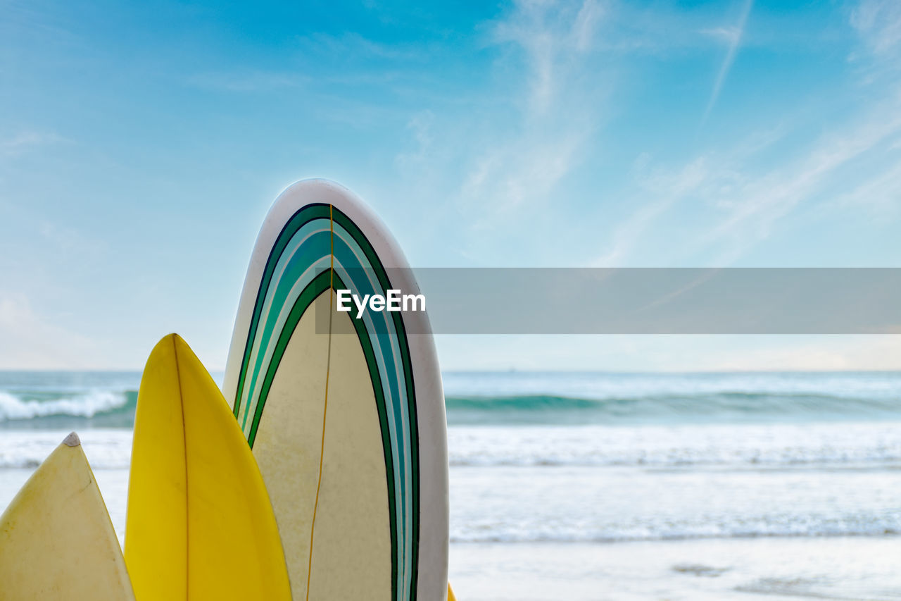 Surfboards stand in a row against the waves and blue sky, concept of leisure, sports lifestyle,