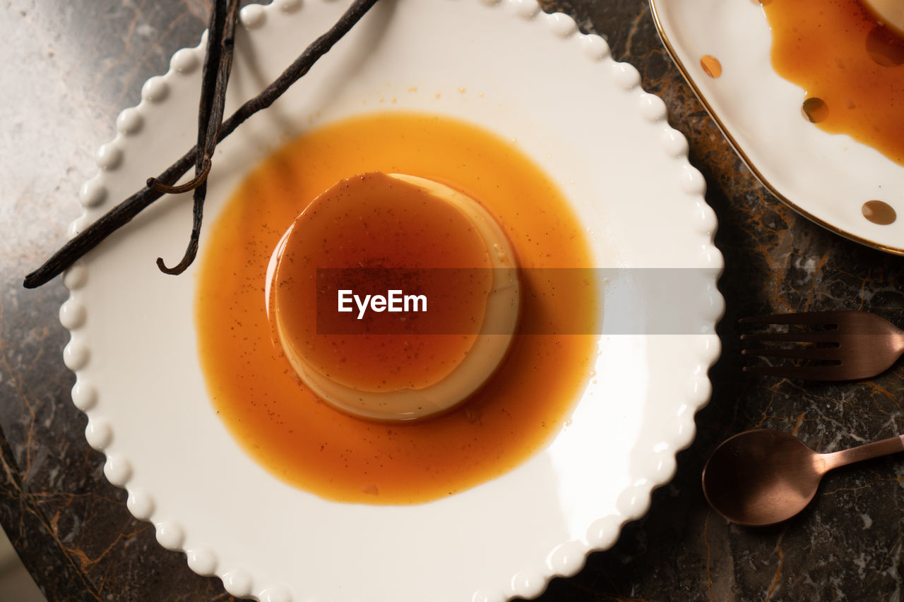 High angle view of custard on table