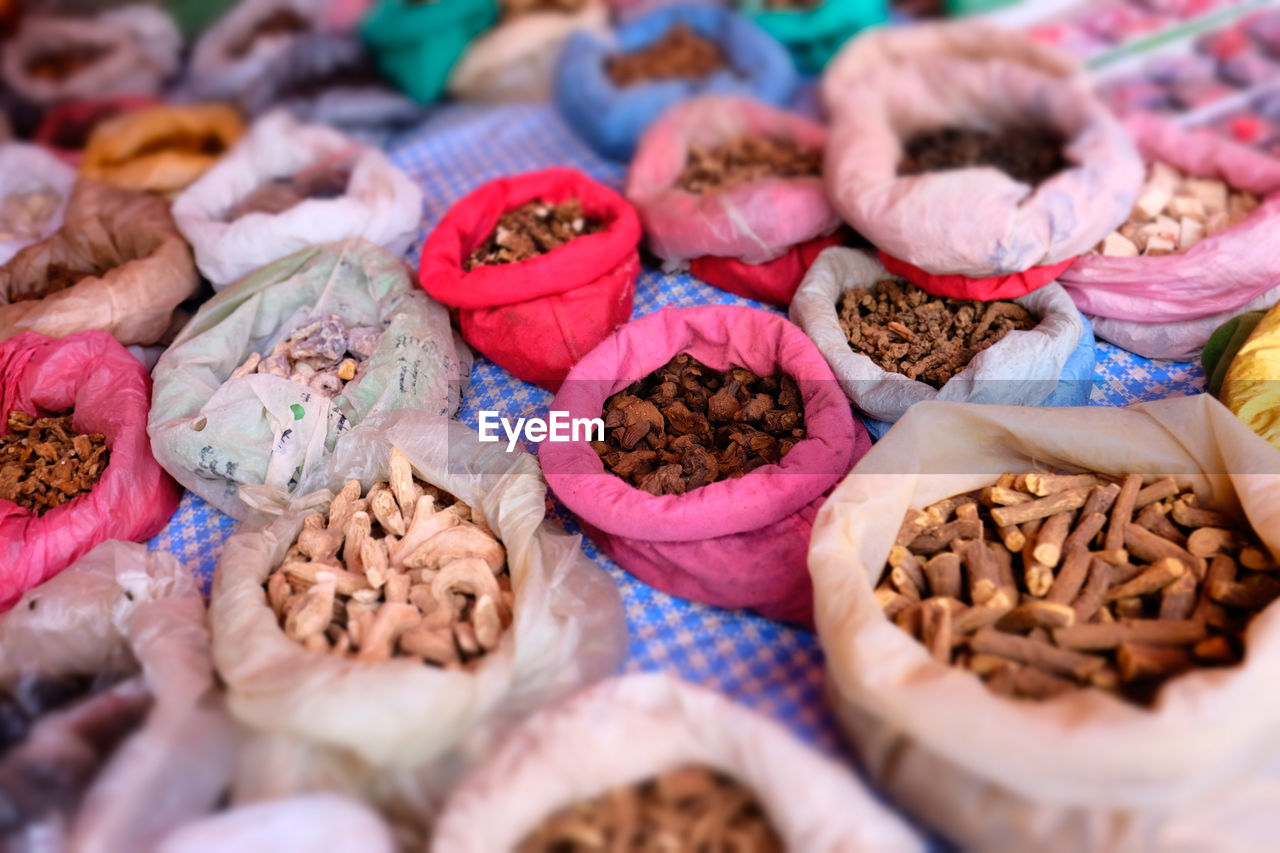 High angle view of spices for sale at market stall