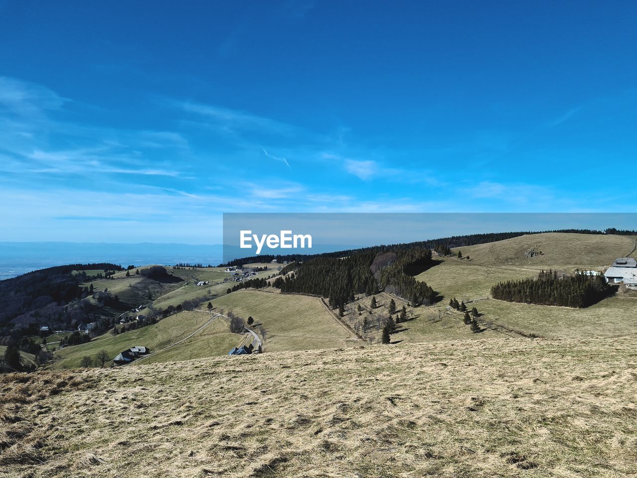 Scenic view of landscape against blue sky